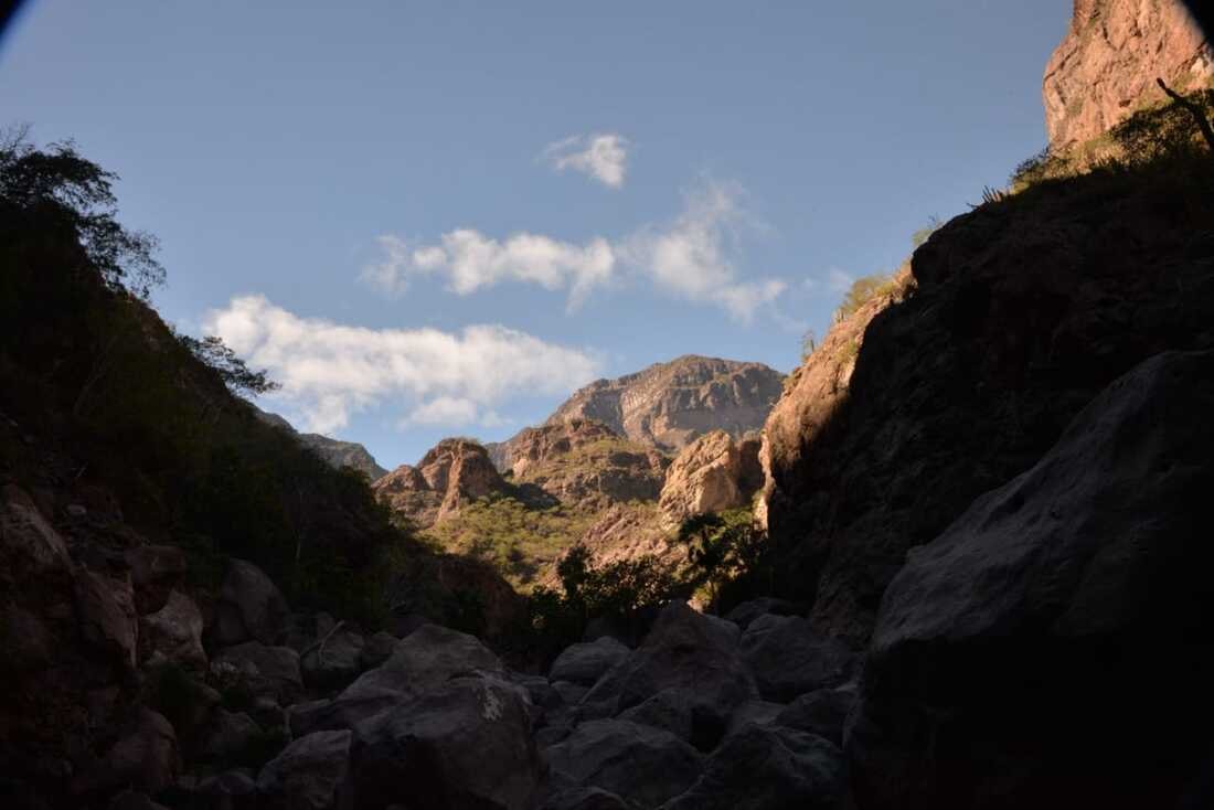 Rocky arroyo with wildflowers and red canyon walls under a cloudy sky near Loreto