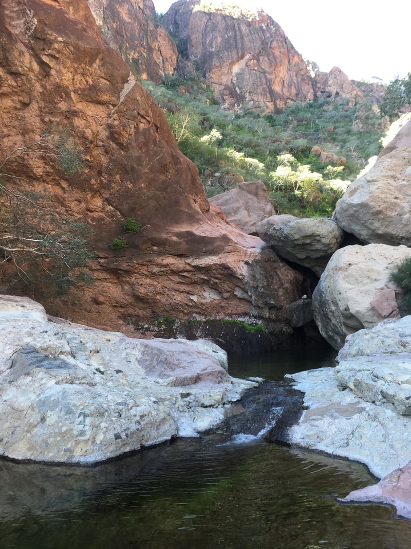 Rocky canyon arroyo with a clear stream winding between boulders near Loreto